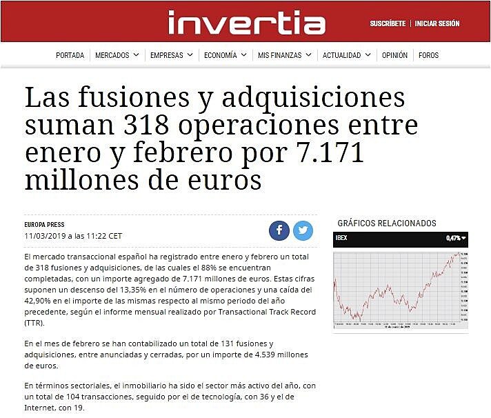 Las fusiones y adquisiciones suman 318 operaciones entre enero y febrero por 7.171 millones de euros